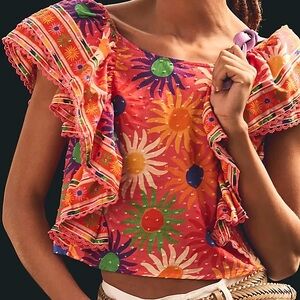 Farm Rio Anthropologie Vibrant Floral Ruffle Blouse